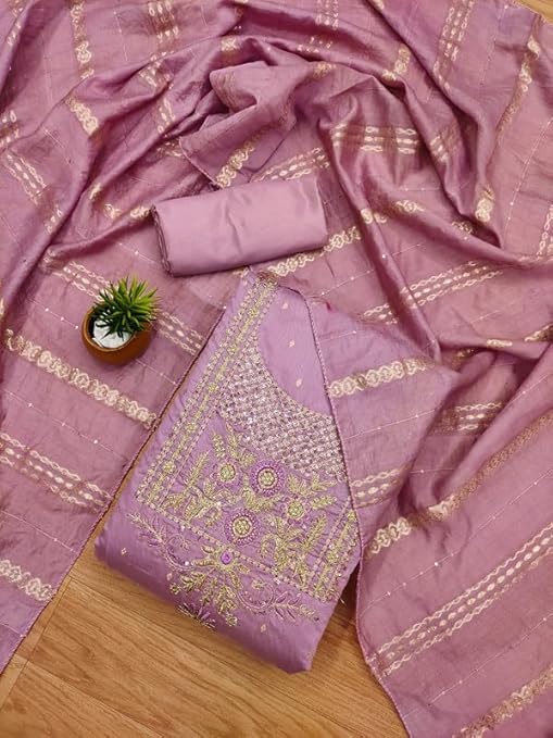 chanderi And Embroidery Work Unstitched Salwar suit Dress