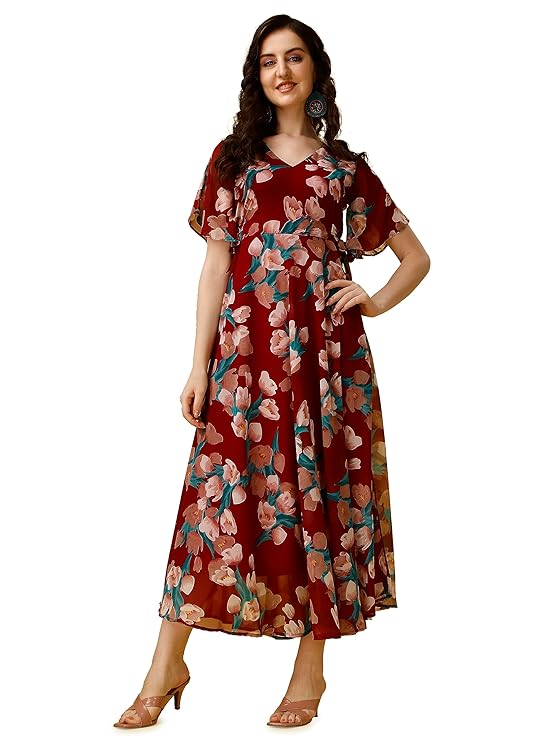 Flower Printed V Neck Casual Midi Dress