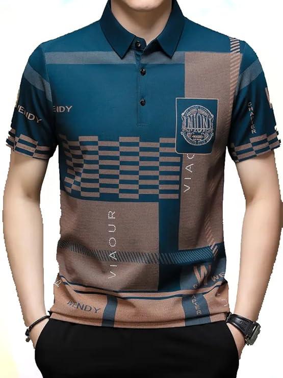 Men's Irregular Geometric Pattern and Alphabet Print Sports Collar Tshirt