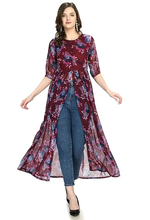 Printed Round Neck A-Line Front Open Dress